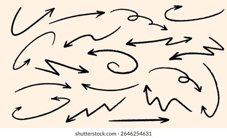 Set of simple lines hand drawn black arrows in various style. Set of simple of hand drawn black arrows. Set of simple lines hand drawn black arrows. Various of simple lines arrows collection Vector.