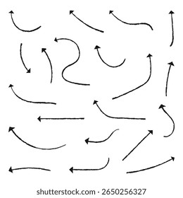 Satz von einfachen Linien handgezeichnete schwarze Pfeile in verschiedenen Stil. Satz einfacher schwarzer handgezeichneter Pfeile. Satz einfacher Linien, handgezeichnete schwarze Pfeile. Verschiedene von einfachen Linien Pfeile Sammlung