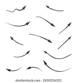 Conjunto de linhas simples mão desenhado setas pretas em vários estilos. Conjunto de simples de setas pretas desenhadas à mão. Conjunto de linhas simples desenhadas à mão setas pretas. Vários de linhas simples coleção de setas