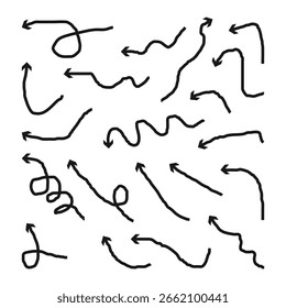 Set of simple lines hand drawn black arrows in various style. Set of simple of hand drawn black arrows. Set of simple lines hand drawn black arrows. Various of simple lines arrows collection