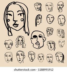 Set of a simple lines human faces. Hand-drawn vector illustration with portraits in modern style for your logo design.