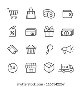 Set simple lines icon of related shopping and e-commerce