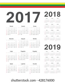 Set of simple Lithuanian 2017, 2018, 2019 year vector calendars. Week starts from Sunday.