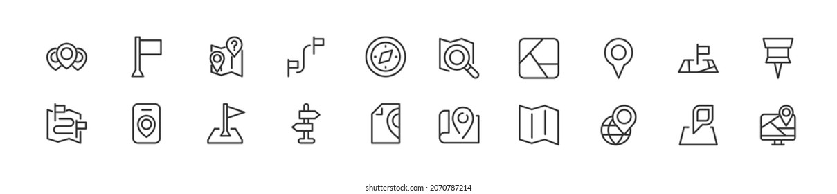 Set of simple location line icons. Outline stroke object. Linear signs pack. Perfect for web apps and mobile.