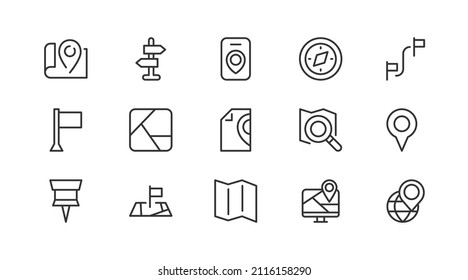 Set of simple location  line icons. Outline stroke object. Linear signs pack. Perfect for web apps and mobile.