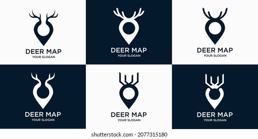 set of simple logo deer map, Location point deer with combination deer and map logo Premium Vector