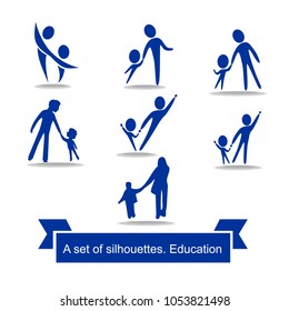 A set of simple logos. Silhouettes of people holding hands. Man and child. Education