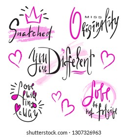 Set of simple love phrases. Hand drawn beautiful lettering. Valentine's day love collection. Perfect for valentine day, wedding and birthday card, stickers, stamp, print design. Elegant vector writing