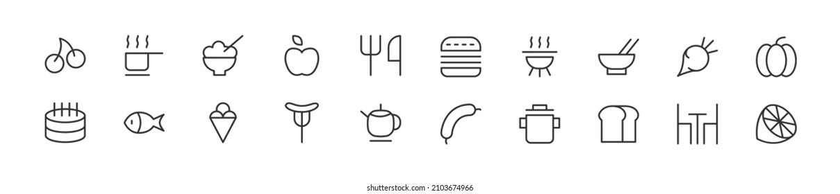 Juego de simples iconos de la línea de almuerzo. Objeto de trazo de contorno. Envase de signos lineales. Perfecto para aplicaciones web y móviles.