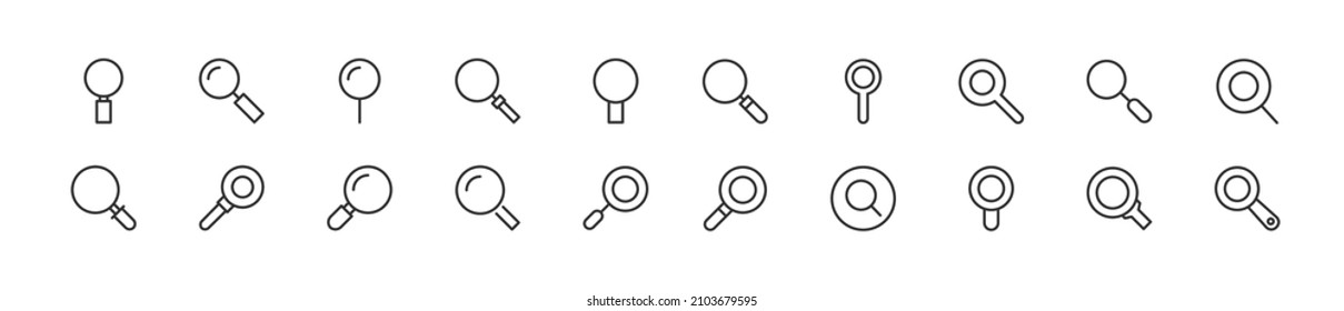 Set von einfachen Lupenzeilensymbols. Strich-Objekt in Umrissen. Paket mit linearen Schildern. Perfekt für Web-Apps und mobile Anwendungen.