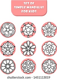 Set of simple mandalas for preschool kids, children coloring page