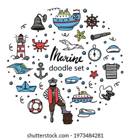 A set of simple marine illustrations. Hand-drawn doodles. A set of sea icons. Ships, lighthouse, sea, waves, seagulls, palm trees, islands, beach holidays, anchor, fish, pirate.