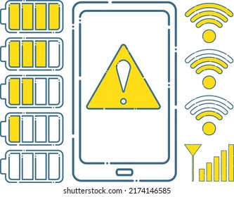 Un conjunto de marcas e iconos simples como ondas de radio, carga, Wi-Fi, etc.