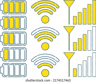A set of simple marks and icons such as radio waves, charging, Wi-Fi, etc.