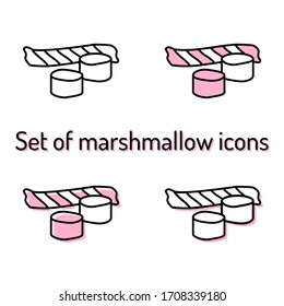 Set of simple marshmallow icons with black outline on white background. Four icons: contour only, pink fill, offset fill and white fill with pink shadow. Perfect for sweet shops, cafes, pattiseries