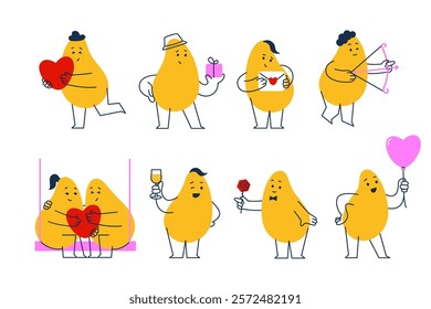 Set of simple mascot with face emotions, hands and legs. Valentines Day. Trendy Vector illustration for kids. Cute funny characters isolated