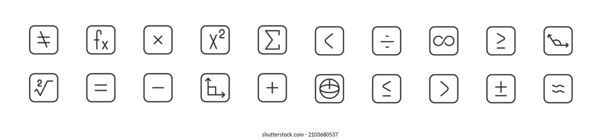 Conjunto de iconos simples de línea matemática. Objeto de trazo de contorno. Envase de signos lineales. Perfecto para aplicaciones web y móviles.