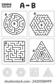 Set of simple mazes of different shapes for children. Round, hexagonal, square maze game. Brain teaser for kids. Black and white labyrinth on a white background with a solution