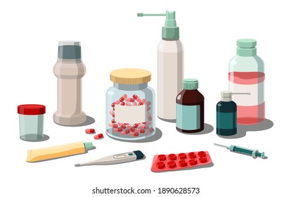 
A set of simple medical bottles and containers. Hospital medicine, thermometer, pills, container for collecting tests, disposable syringe, medicated ointment in a tube. Vector illustration.