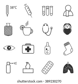 Set of simple medical icons about common cold and treatment