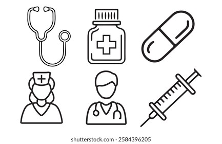 Set of Simple medical line art icons silhouette Stethoscope, Pills, Nurse, Doctor, Syringe, Healthcare