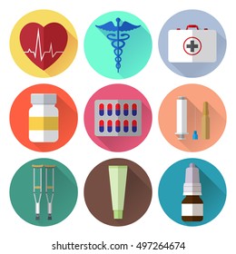 Set of simple medicine flat icons on color circle background vector illustration