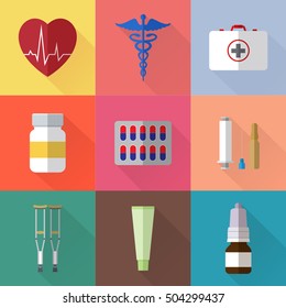 Set of simple medicine flat icons on color squares background vector illustration