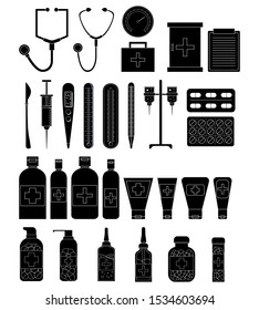 Set of simple medicine objects. Vector healthcare illustration for design and web.