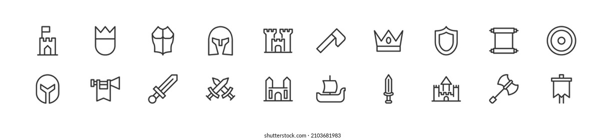 Set of simple medieval line icons. Outline stroke object. Linear signs pack. Perfect for web apps and mobile.