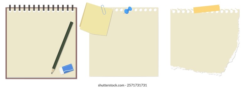 A Set of Simple Memo Pad, Memo Paper, Torn Memo Sheets, Pencil, and Eraser