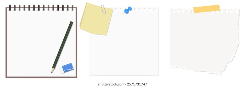 A Set of Simple Memo Pad, Memo Paper, Torn Memo Sheets, Pencil, and Eraser