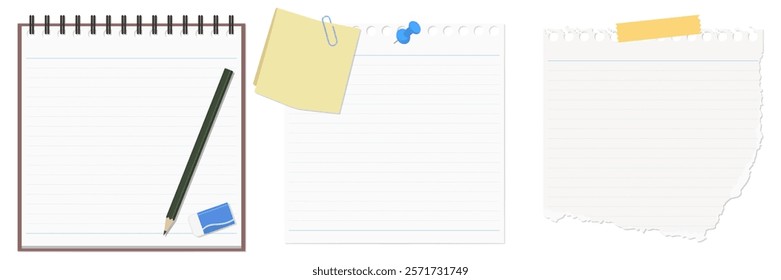 A Set of Simple Memo Pad, Memo Paper, Torn Memo Sheets, Pencil, and Eraser