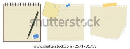 A Set of Simple Memo Pad, Memo Paper, Torn Memo Sheets, Pencil, and Eraser