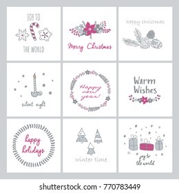 Set of simple Merry Christmas and New Year greeting cards