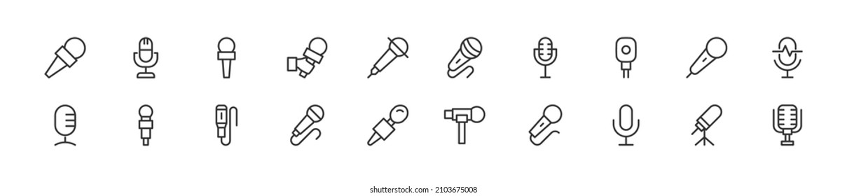 Set of simple microphone line icons. Outline stroke object. Linear signs pack. Perfect for web apps and mobile.