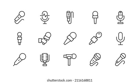 Set of simple microphone  line icons. Outline stroke object. Linear signs pack. Perfect for web apps and mobile.