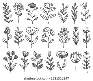 Conjunto de arte de línea de Vector floral minimalista simple, Ilustración vectorial floral en estilo de contorno negro sólido perfecto para Elementos de novia y similares