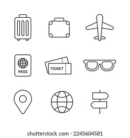 Conjunto de iconos de línea simple y mínimo del concepto de viaje. Portadora, Avión, Bolsa, Pasaporte, Visa, pasaje aéreo, gafas de sol, Global, Ubicación, Señales de iconos.