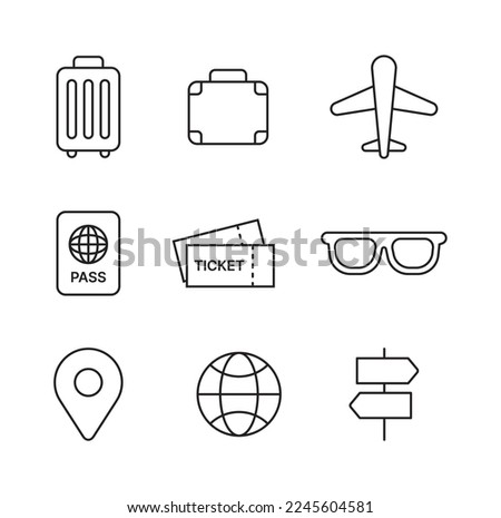 Set of simple and minimal line icons of travel concept. Carrier, Airplane, Bag, Passport, Visa, Air ticket, Sunglasses, Global, Location, Signs icons.