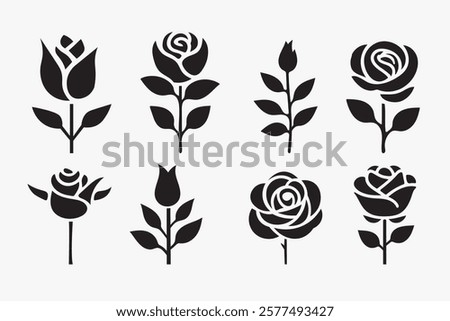  set of simple and minimal rose silhouettes , rose vector variation, black and white flowers vector.Roses flat black icon set. 