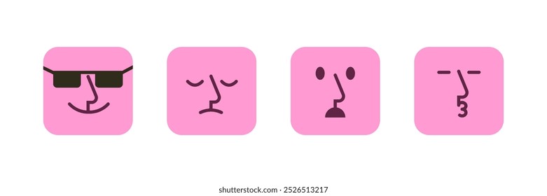 Set of simple minimal square emoji with nose and lineal facial features.