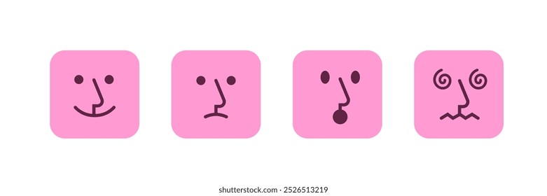 Set of simple minimal square emoji with nose and lineal facial features.