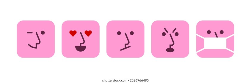 Set of simple minimal square emoji with nose and lineal facial features.