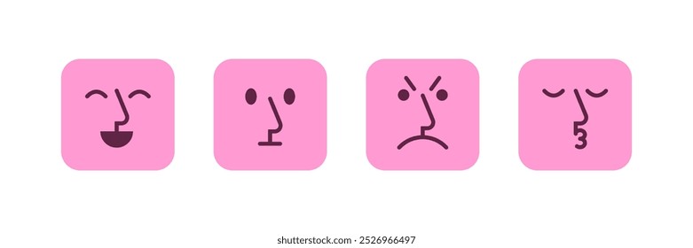 Set of simple minimal square emoji with nose and lineal facial features.