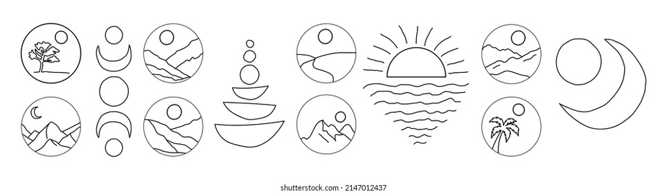 A set of simple minimalistic boho landscapes: mountains and hills, sun, tree and palm, sunset or sunrise over water. With elements of geometric shapes on a white background