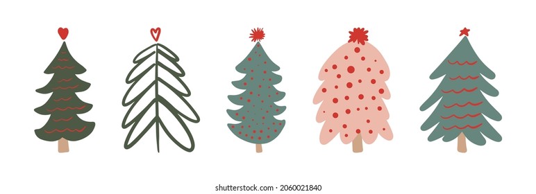 Set von einfachen minimalistischen Weihnachtsbaum handgezeichnet kindisch doodle. Festliches Neujahr, Kollektion von Winterurlaubsdesign-Elementen.