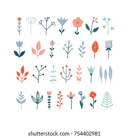 Set of simple minimalistic colorful flowers. Floral collection. Hand drawn doodle wild flowers, herbs, leaves. Flat style vector. Simple botany icons. Colorful plants for seasonal decor