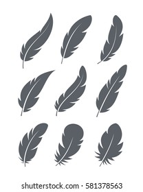 Set of simple minimalistic feather logos. Vector abstract plumes isolated on white.