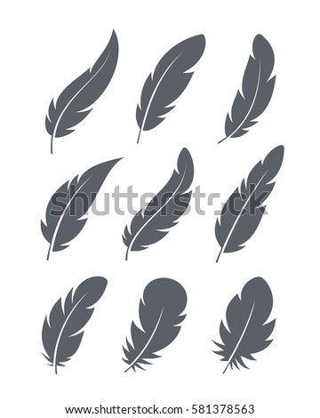 Set of simple minimalistic feather logos. Vector abstract plumes isolated on white.
