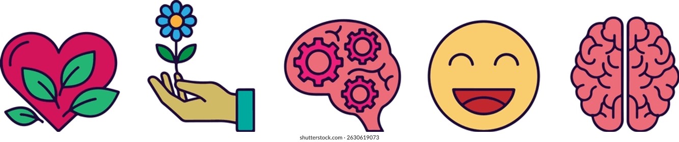 A set of simple and minimalistic mental health icons, in the form of a smiley, brain, heart, flower and leaf.